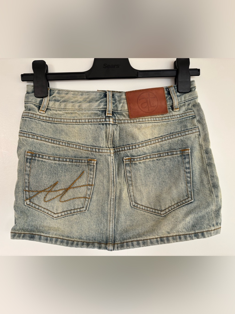 Alright Then 13” Waist Denim Light Wash Faded Mini Skirt, Blue/Cream, Size 0. - Picture 3 of 8